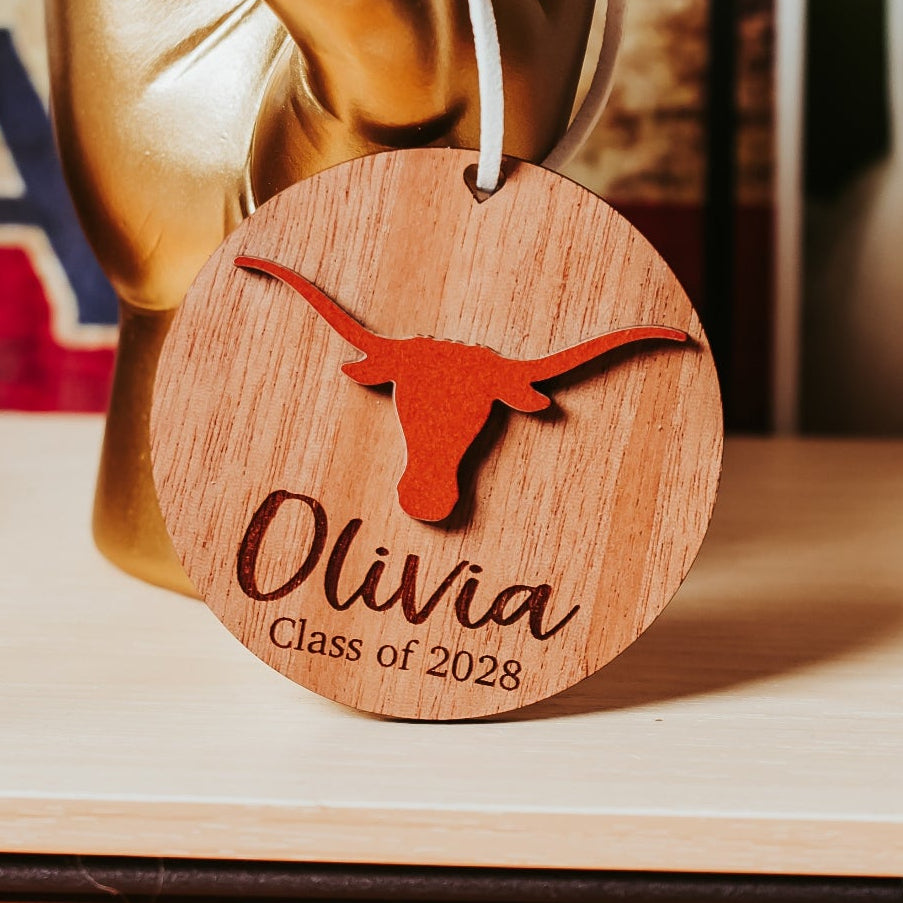 University of Texas Longhorns Personalized Ornament or Car Charm, 3 inch Wood, Officially Licensed UT Gift