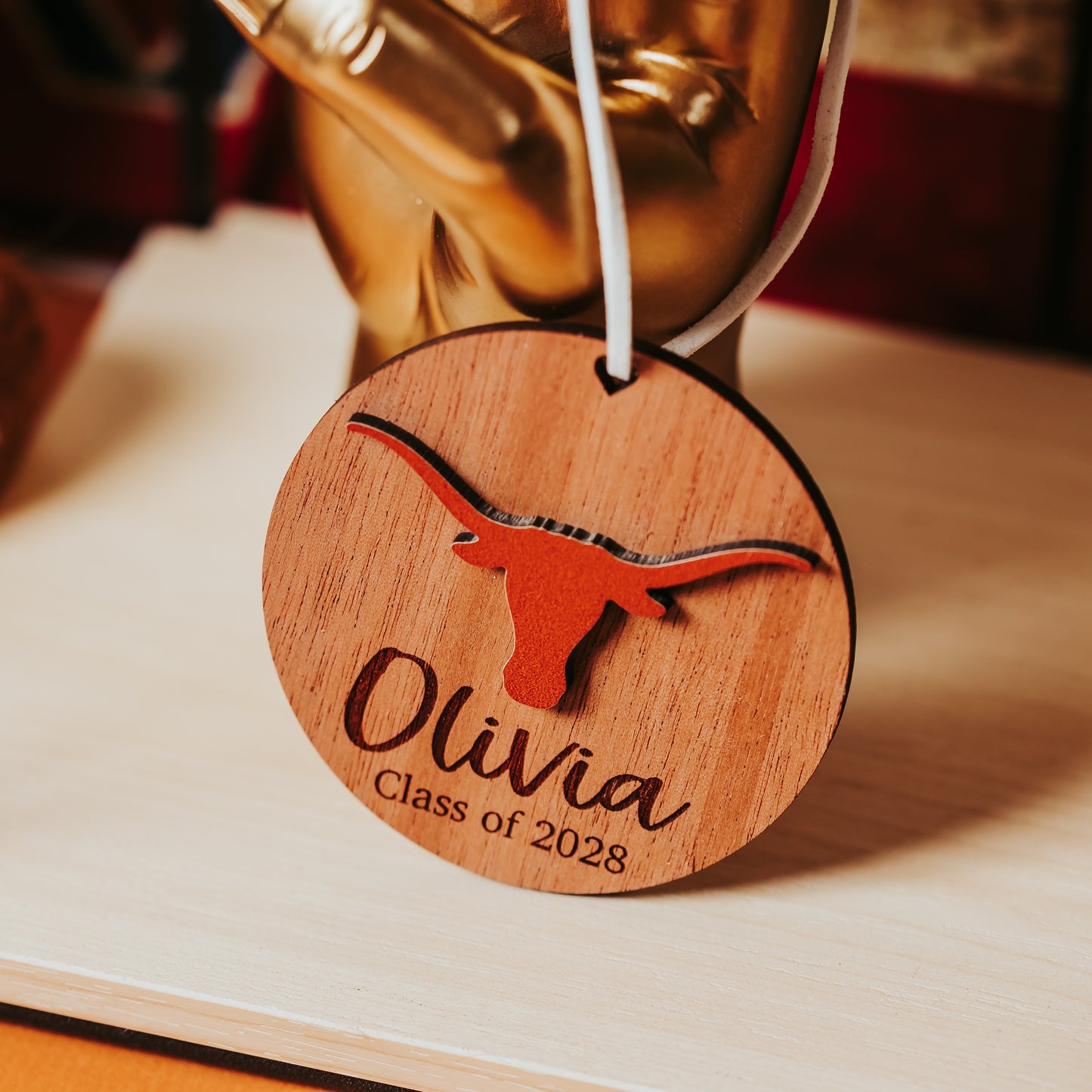 University of Texas Longhorns Personalized Ornament or Car Charm, 3 inch Wood, Officially Licensed UT Gift