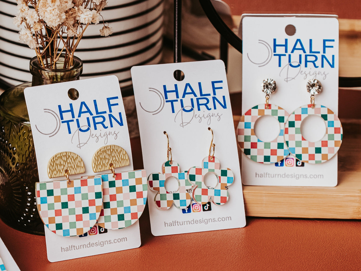 Half Turn Designs collection of Neutral tone checkered statement earrings