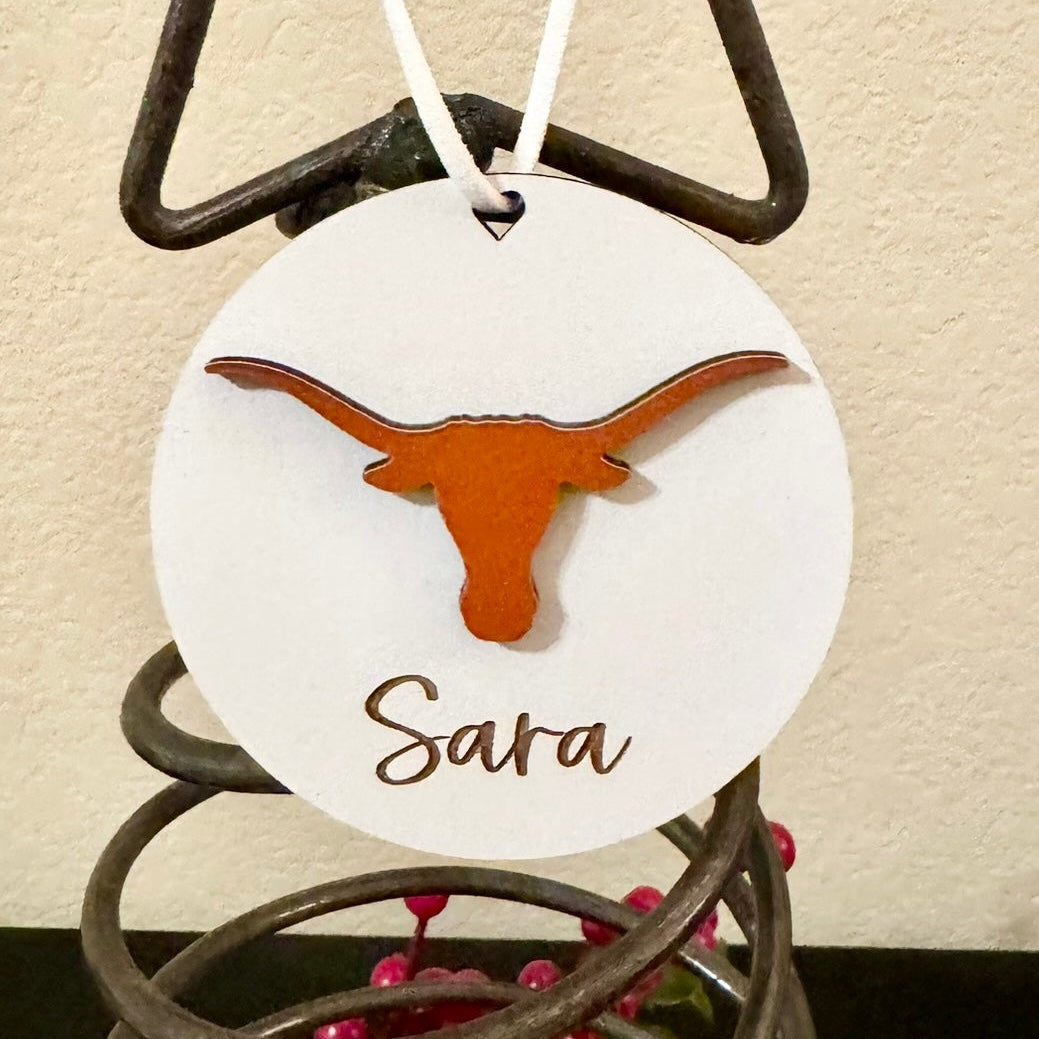 University of Texas Longhorns Personalized Ornament or Car Charm, 3 inch Wood, Officially Licensed UT Gift