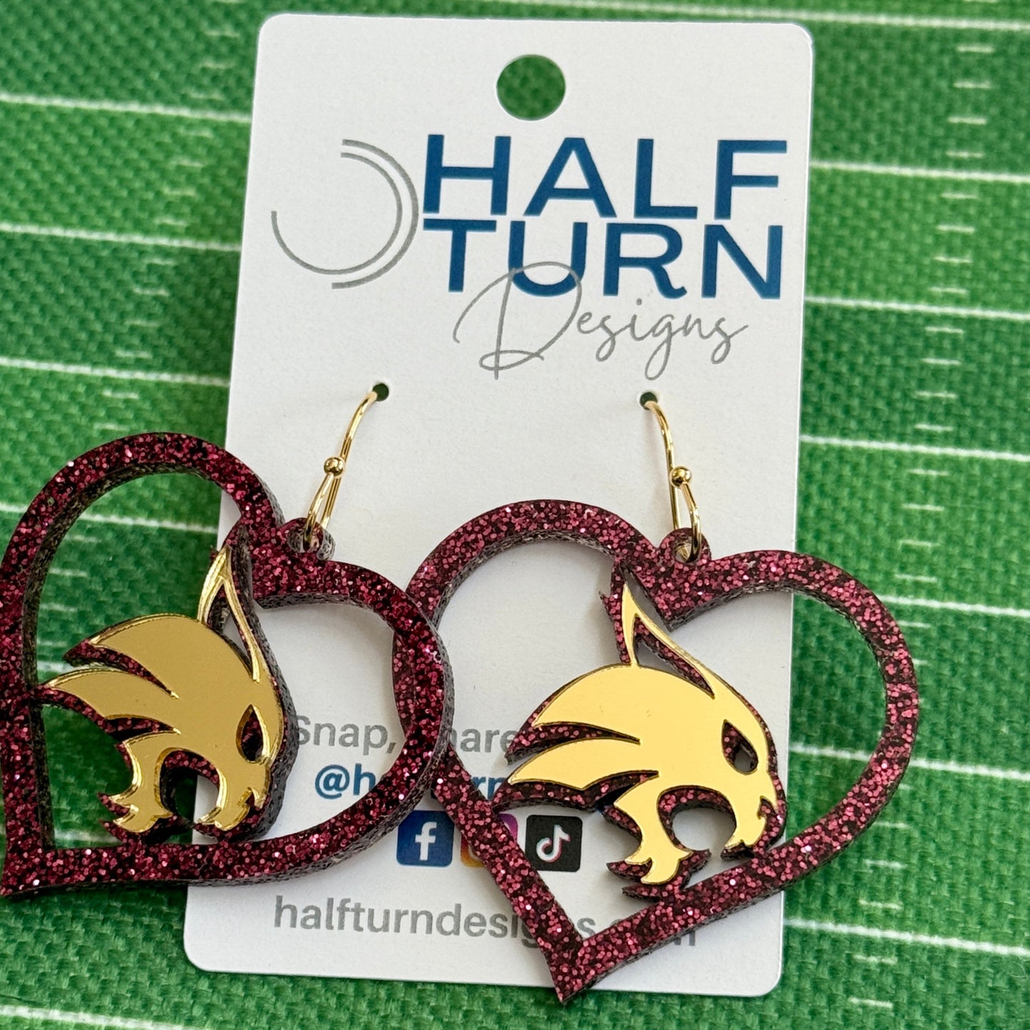 Officially Licensed Texas State University Bobcats Maroon and Gold Heart-Shaped Acrylic Dangle Earrings