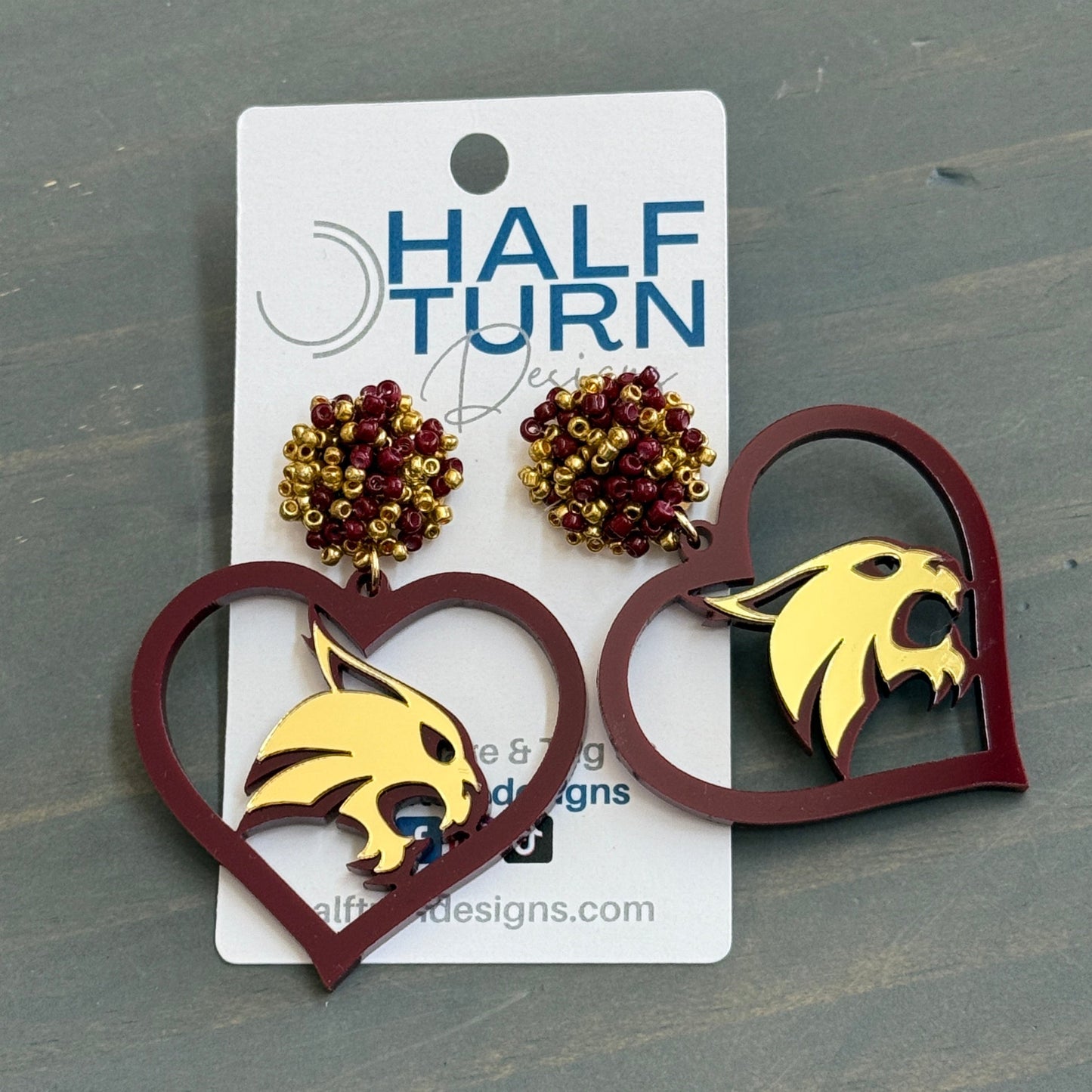 Officially Licensed Texas State University Bobcats Maroon and Gold Heart-Shaped Acrylic Dangle Earrings