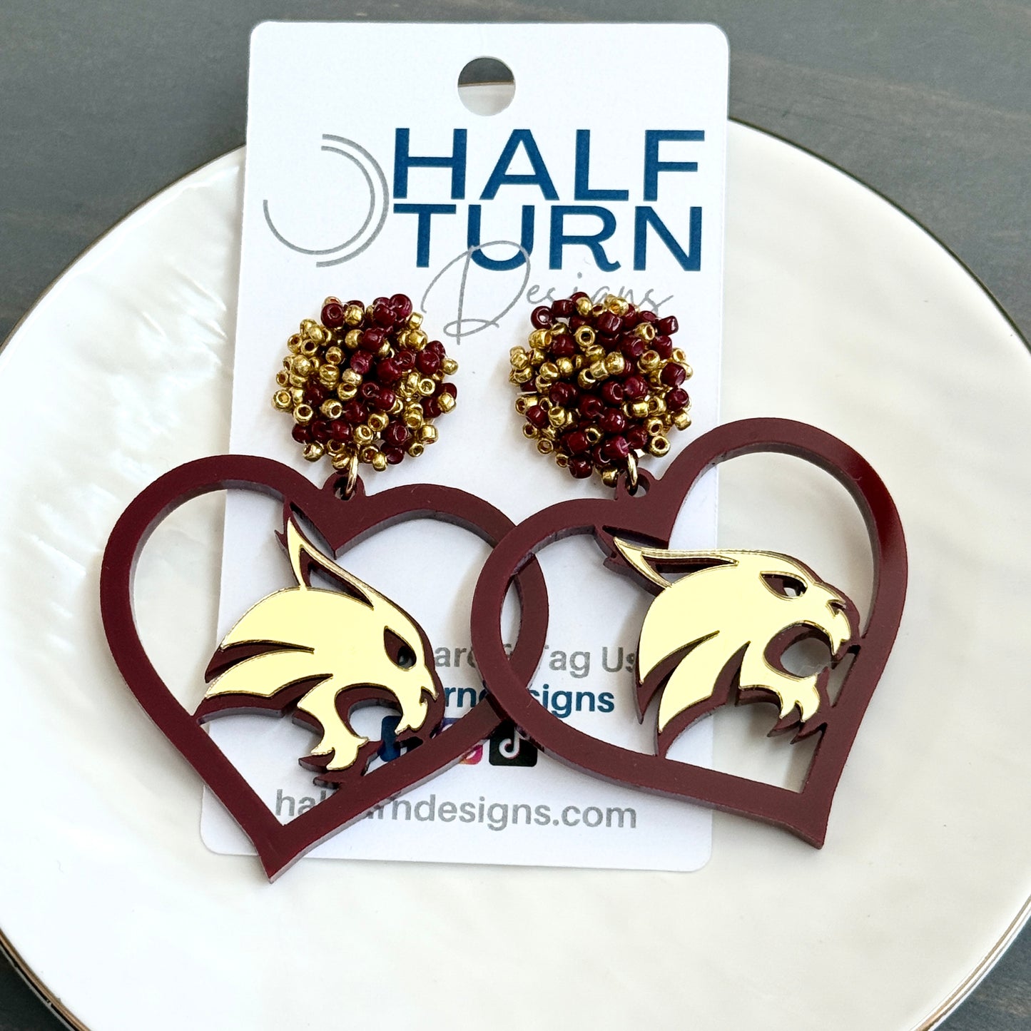 Officially Licensed Texas State University Bobcats Maroon and Gold Heart-Shaped Acrylic Dangle Earrings