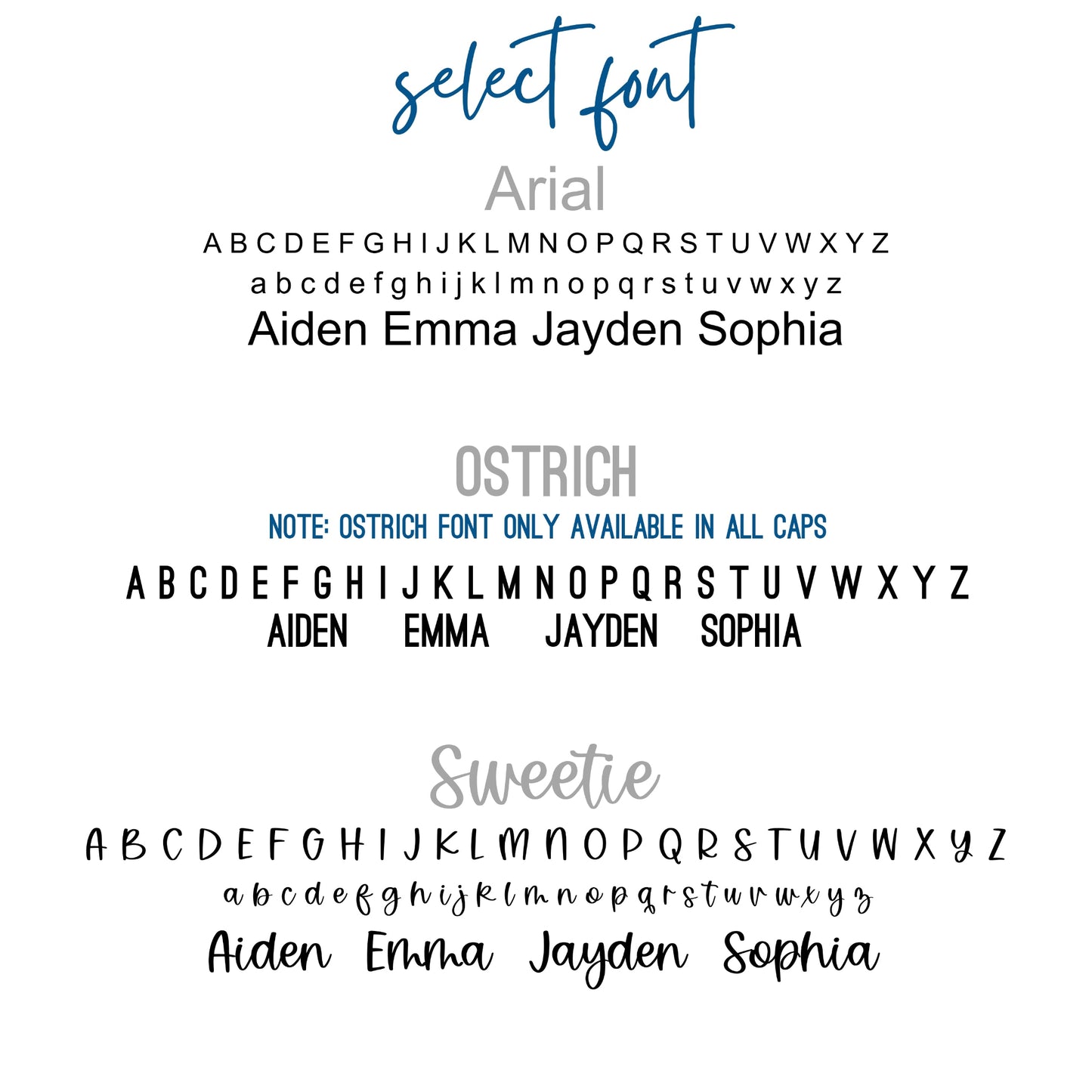 Font options for Personalized Class of 2026 ornament in white wood, engraved with the high school senior graduates name in three of the available styles from Half Turn Designs. 14 high school colors are available to further personalize the ornament with your choice of graduation cap color.