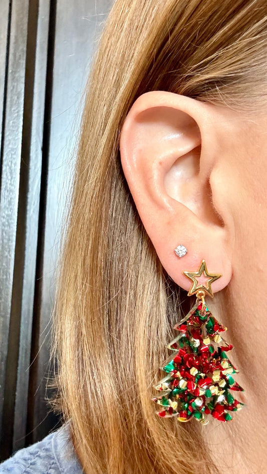 Red, Green & Gold Glitter Christmas Tree Earrings adorned with gold star