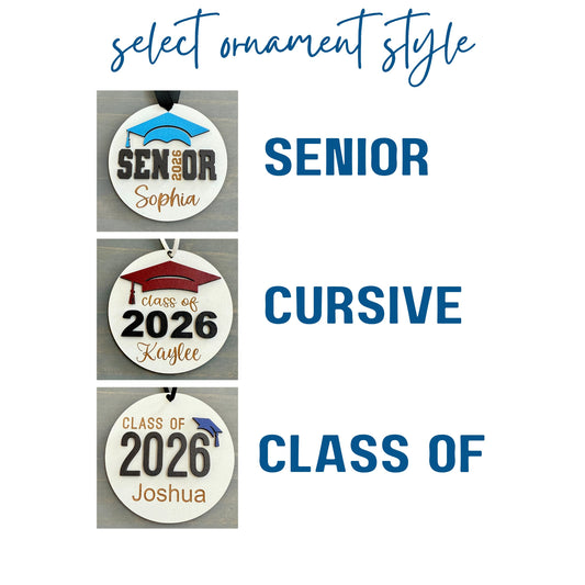 Ornament design options for Personalized Class of 2026 ornament in white wood, engraved with the high school senior graduates name in three of the available styles from Half Turn Designs. 14 high school colors are available to further personalize the ornament with your choice of graduation cap color.