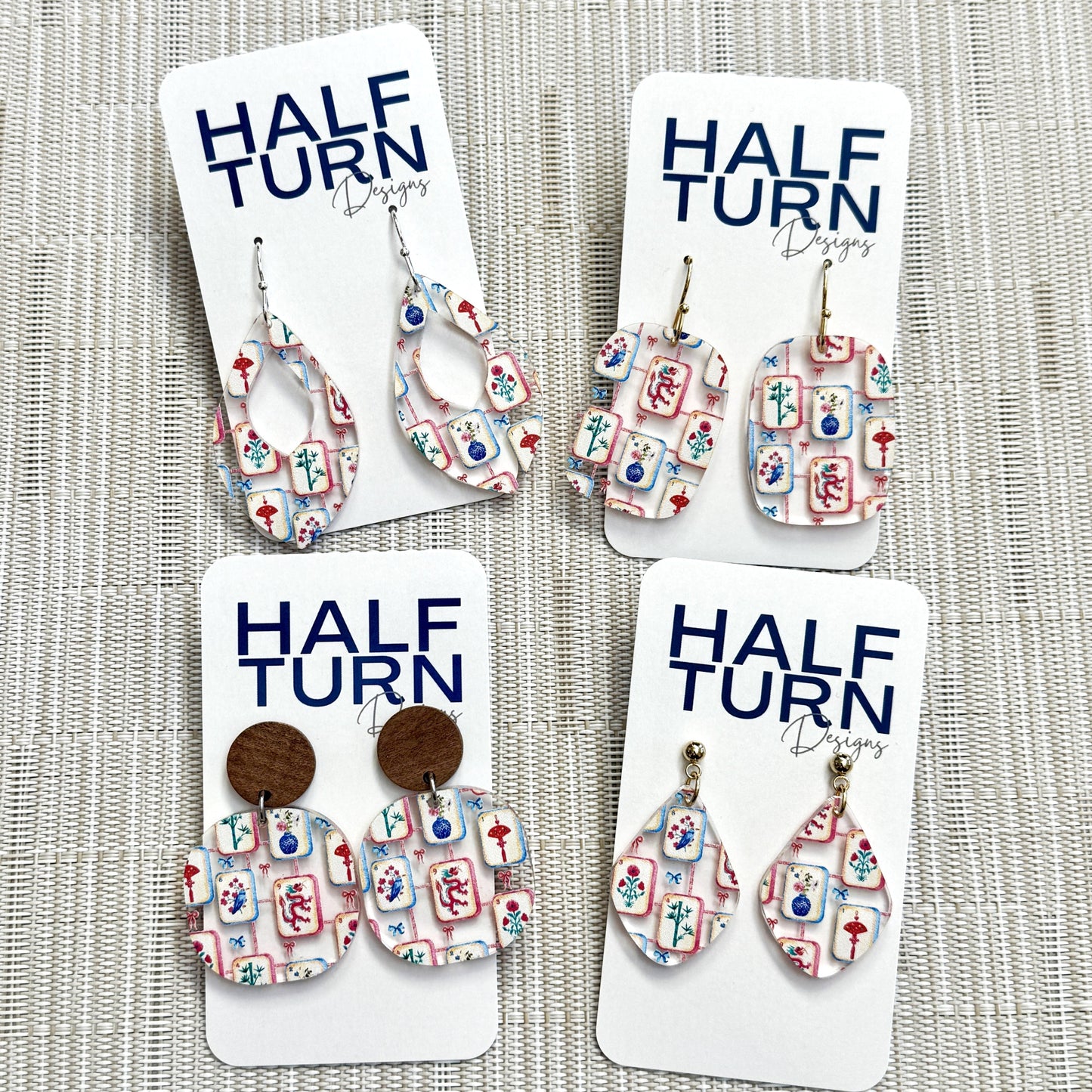 Collection of Mahjong lover earrings made from printed acrylic by Half Turn Designs