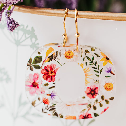 Boho floral earrings, clear acrylic earrings with hypoallergenic stainless steel earring hook