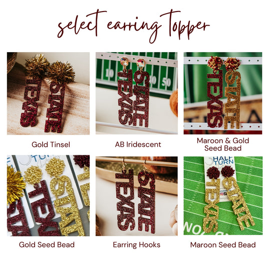 Earring topper options for Half Turn Designs Officially Licensed Texas State University Earrings in maroon and gold glitter