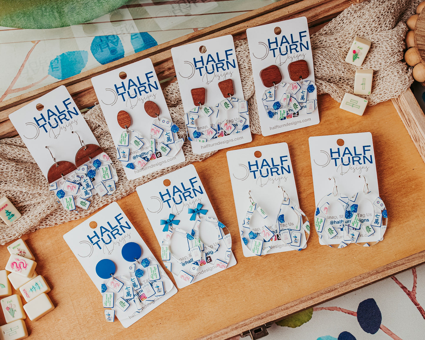 Half Turn Design's Mahjong Earring Collection, modern mahjong earrings with blue chinoiserie pattern for women who love mahjong