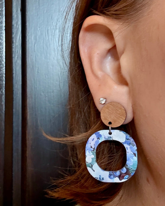 Open square floral acrylic earrings with warm walnut wood hypoallergenic stud tops