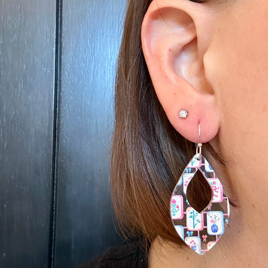 Model wearing colorful Mahjong teardrop acrylic earrings