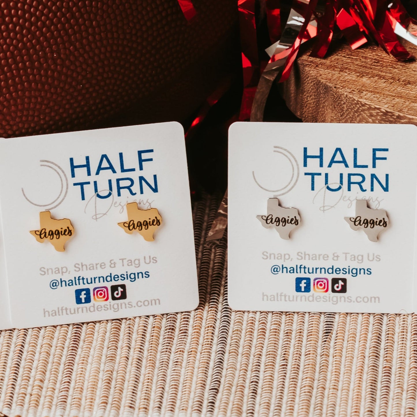 Texas A&M Aggies Stainless Steel Earring Studs in the shape of the state of Texas in gold or silver finish by Half Turn Designs, officially licensed with Texas A&M University.