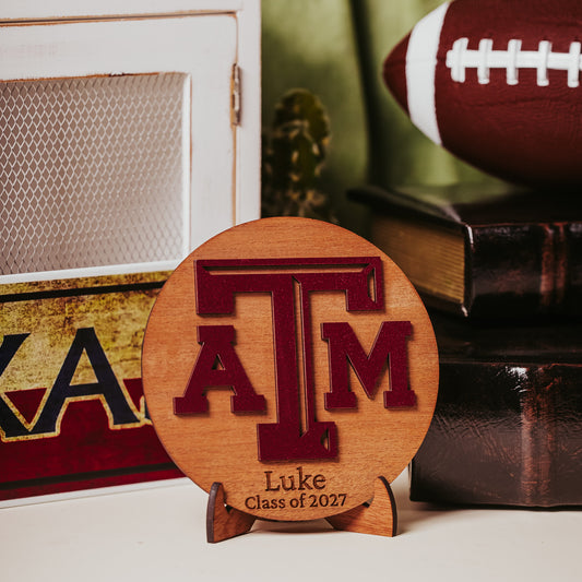Personalized Texas A&M wooden sign in Mahogany finish with maroon TAMU logo and custom engraved name, perfect as an Aggie gift, Dorm decor, Ring Day decor or graduation keepsake.