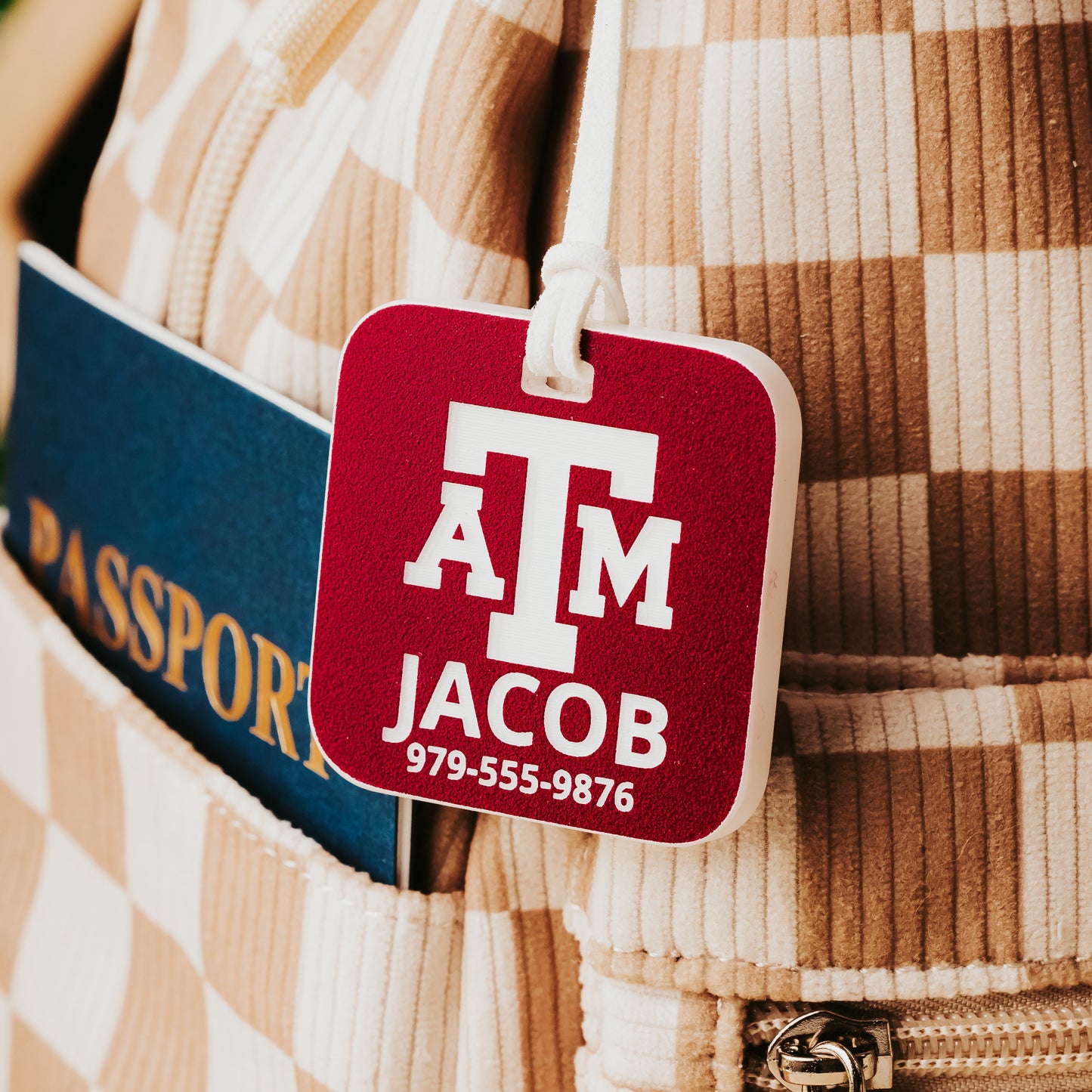 Officially licensed Texas A&M luggage tags in square shape, 2x2". These acrylic luggage tags are personalized with 1-2 lines of text and come in 1/8" or 1/4" width. Luggage tag colors include Clear, Frosted, Opaque Black, Shiny Black, Maroon that engraves white and Black that engraves white. Maroon that engraves white acrylic version shown here.