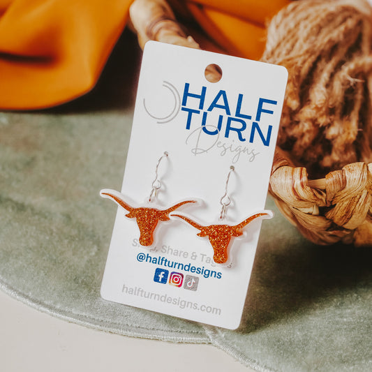 Texas Longhorn Dangle Earrings in Burnt Orange and White
