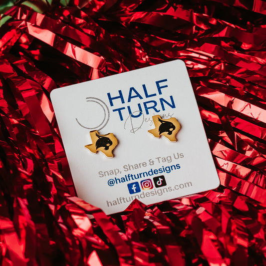 Officially licensed Texas State University Bobcat studs made from hypoallergenic stainless steel in gold or silver finish by Half Turn Designs.