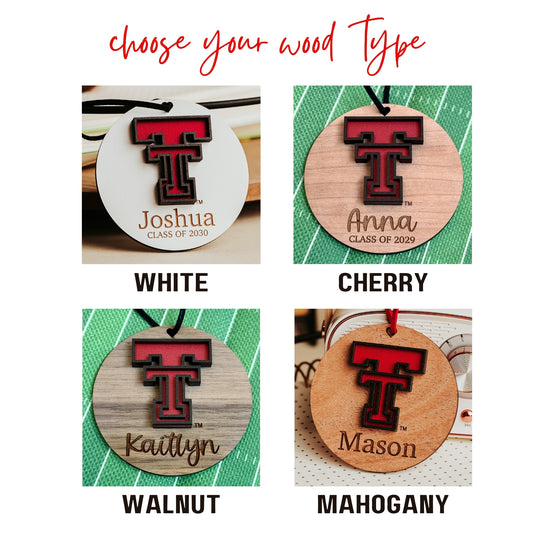 Wood choices for the Texas Tech Double T ornament. Options include White, Cherry, Walnut and Mahogany wood finishes.