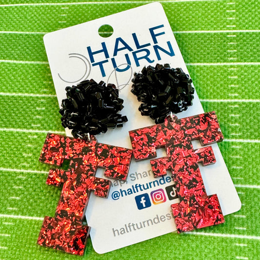 Texas Tech Red Raider Game Day Dangle Earrings in chunky red and black glitter acrylic by Half Turn Designs