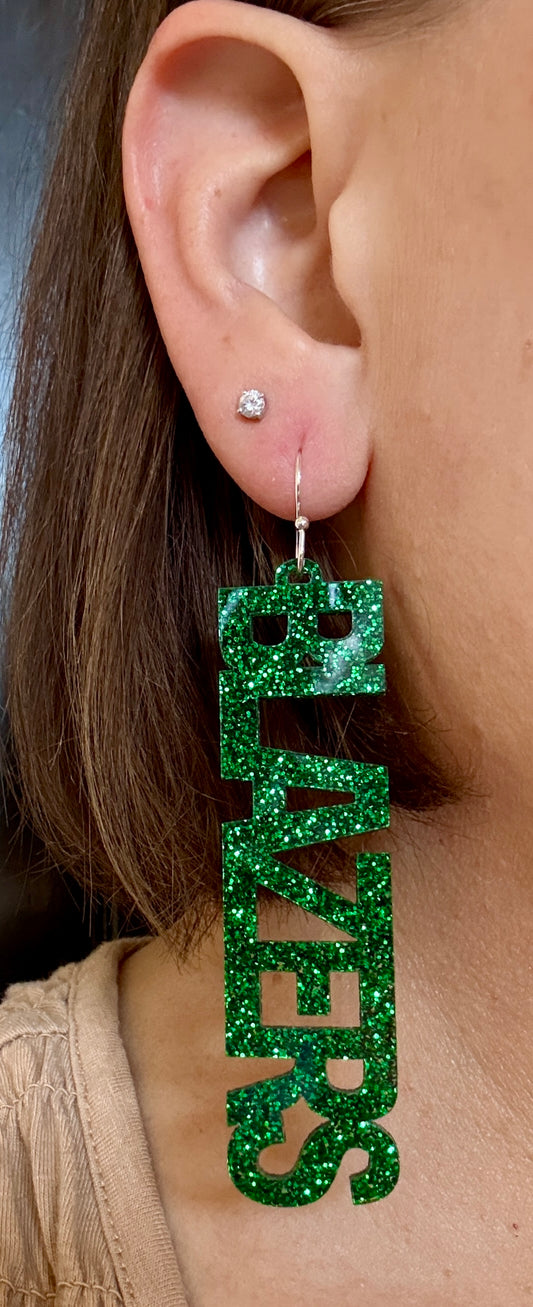 University of Alabama Birmingham large Blazers earrings on model for size comparison