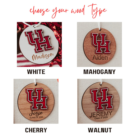 Wood finish options for the Officially licensed University of Houston personalized ornament by Half Turn Designs. Red and White UH logo with your choice of white, cherry, walnut or mahogany finish.
