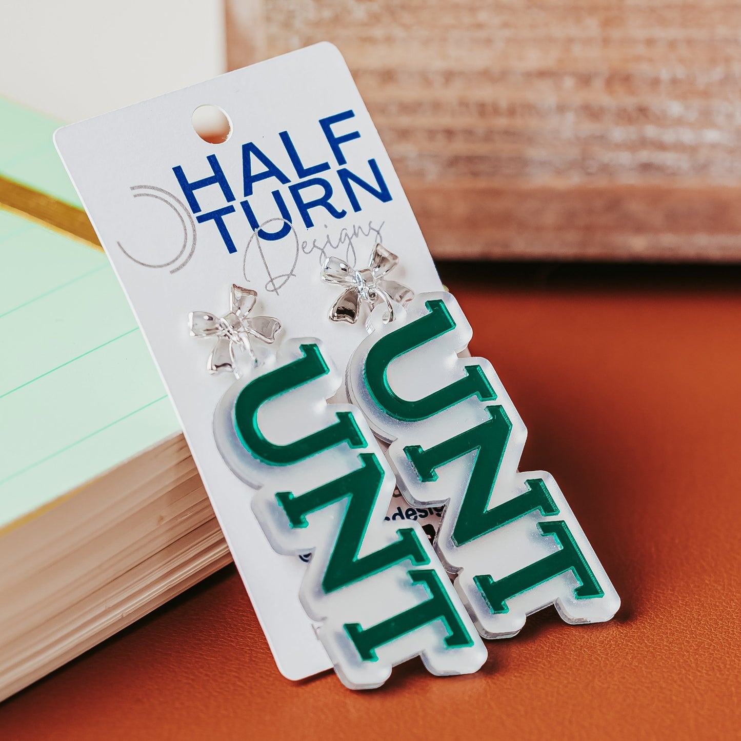University of North Texas UNT dangle earrings in green and white mirror, available with earring hooks or bow studs