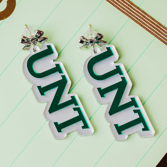 University of North Texas UNT dangle earrings in green and white mirror, available with earring hooks or bow studs