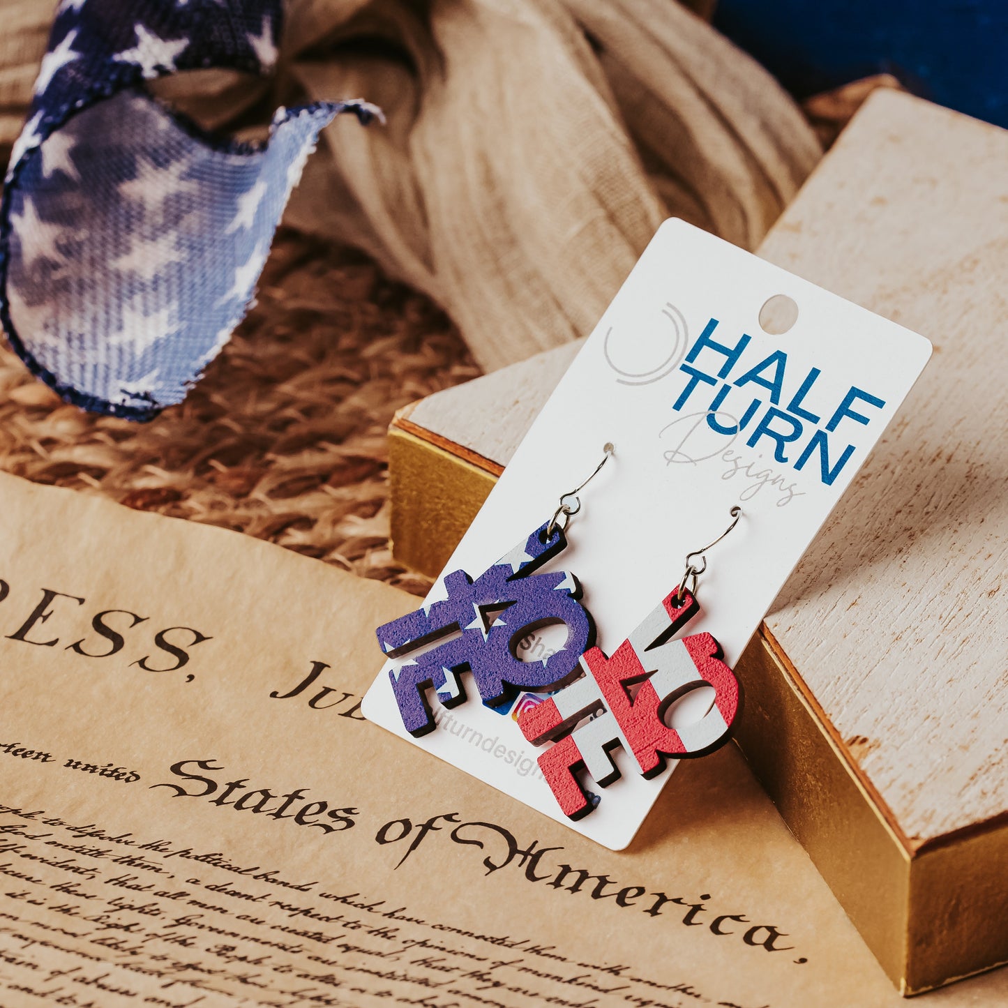 Patriotic Vote dangle earrings in American flag design, handmade lightweight wooden jewelry for Election Day and voting in red, white and blue