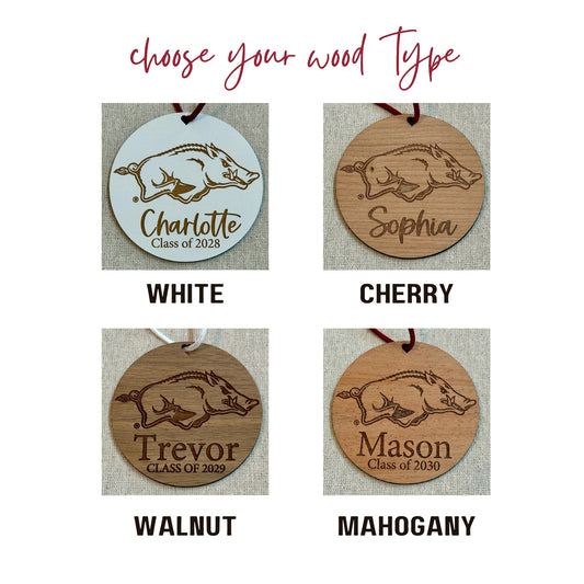 Wood options for University of Arkansas Razorbacks ornament with UArk Razorbacks engraved logo and 1-2 lines of personalization. Available in four wood finishes - cherry, mahogany, walnut and white