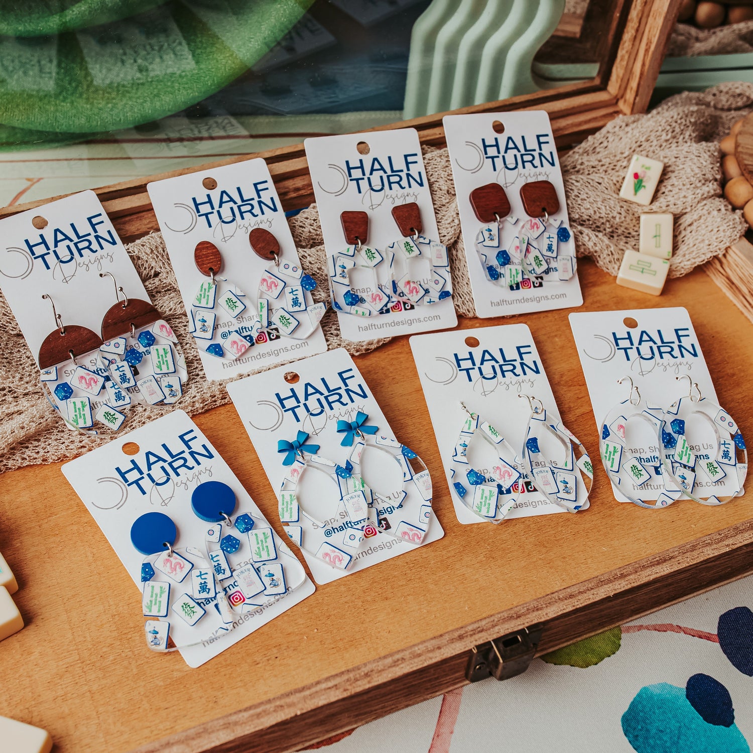 Half Turn Designs Mahjong Earring collection featuring acrylic earrings with blue chinoiserie design