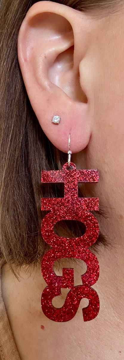 Official University of Arkansas HOGS Earrings – Crimson & White Glitter | Razorbacks Game Day Jewelry