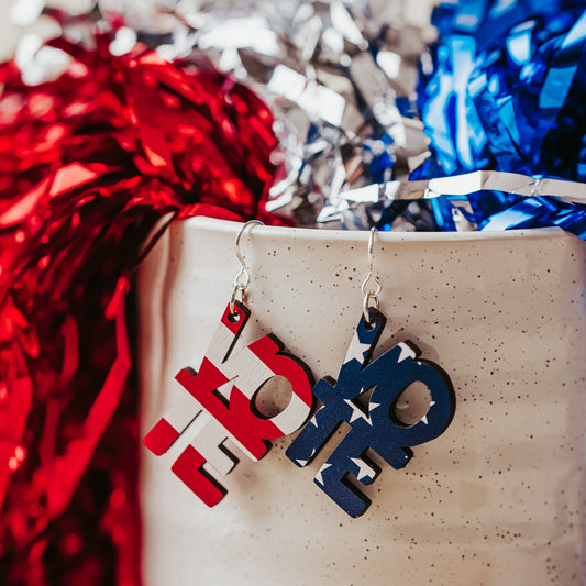 Red, white, and blue patriotic Vote earrings in American flag design, handmade lightweight wooden jewelry for Election Day and voting
