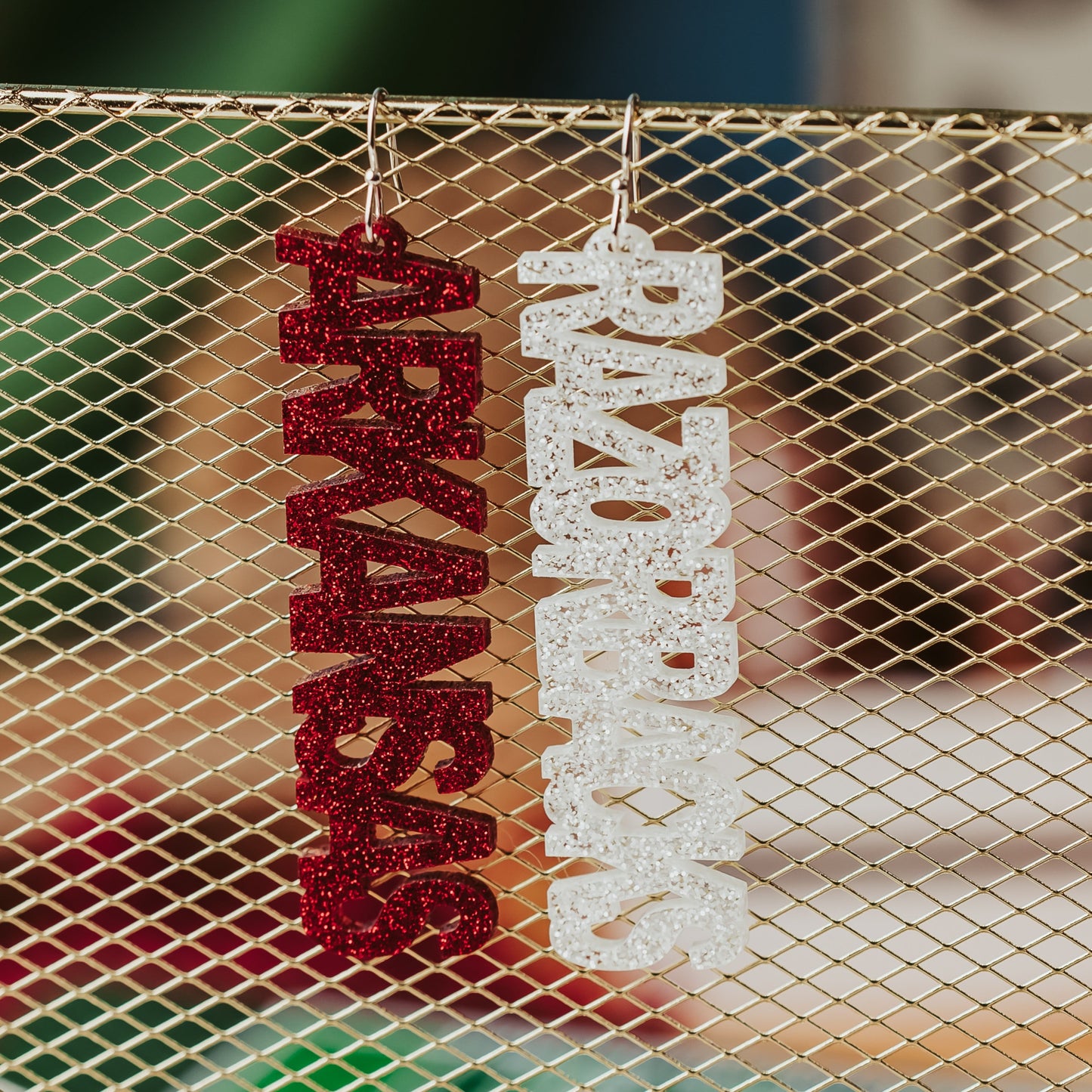 Official University of Arkansas Razorbacks statement earrings in crimson and white glitter acrylic with silver stainless steel earrings hooks by Half Turn Designs