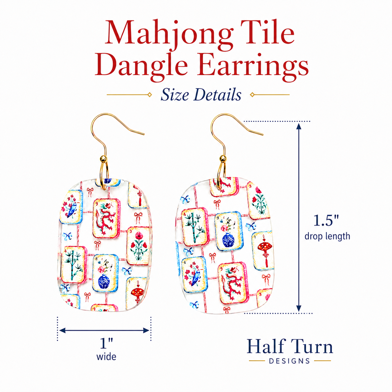 Size Details image for Colorful Mahjong Tile Dangle Earrings, 1.5" drop length and 1" wide by Half Turn Designs