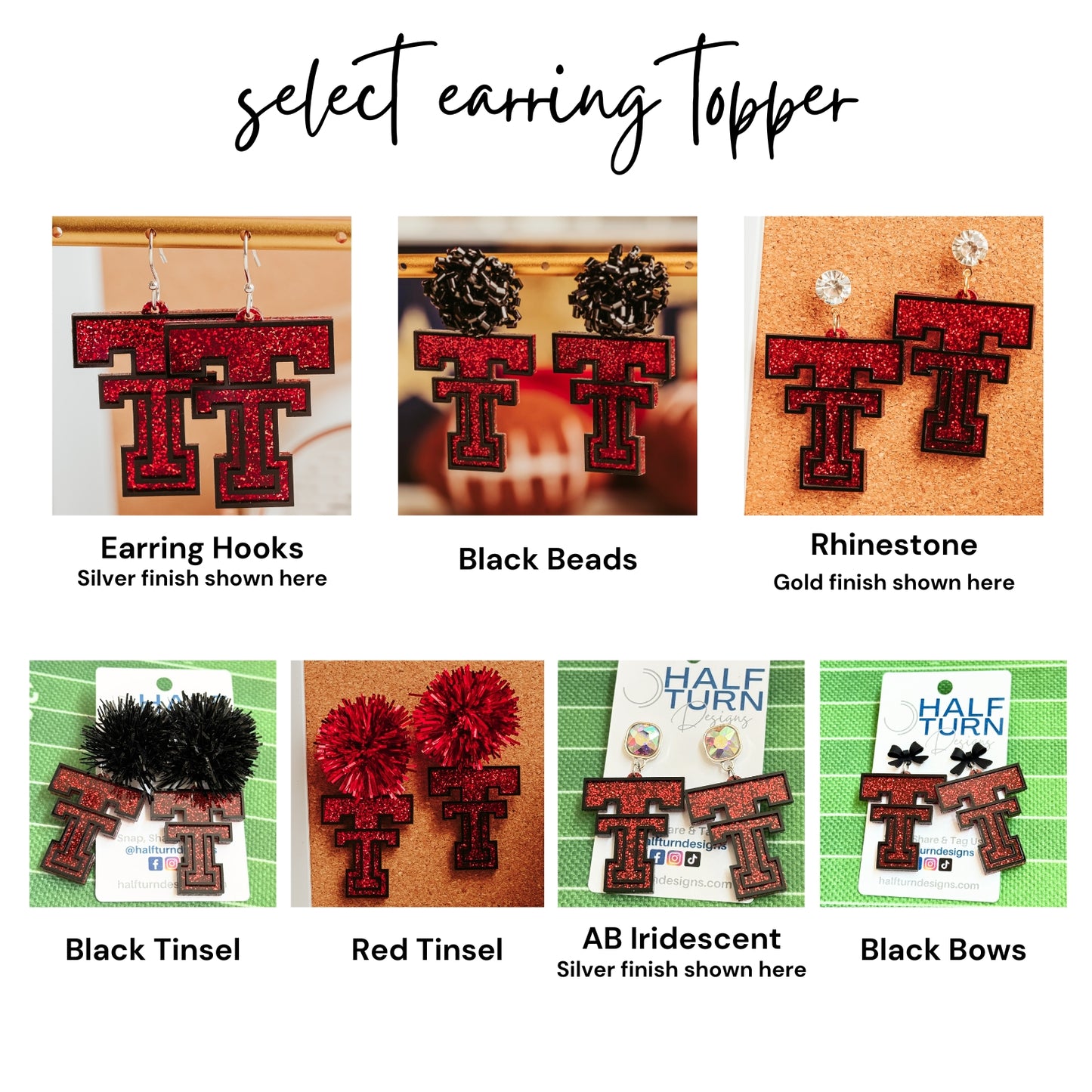 Earring Hook and Topper options for Texas Tech's Double T Game Day earrings in red glitter