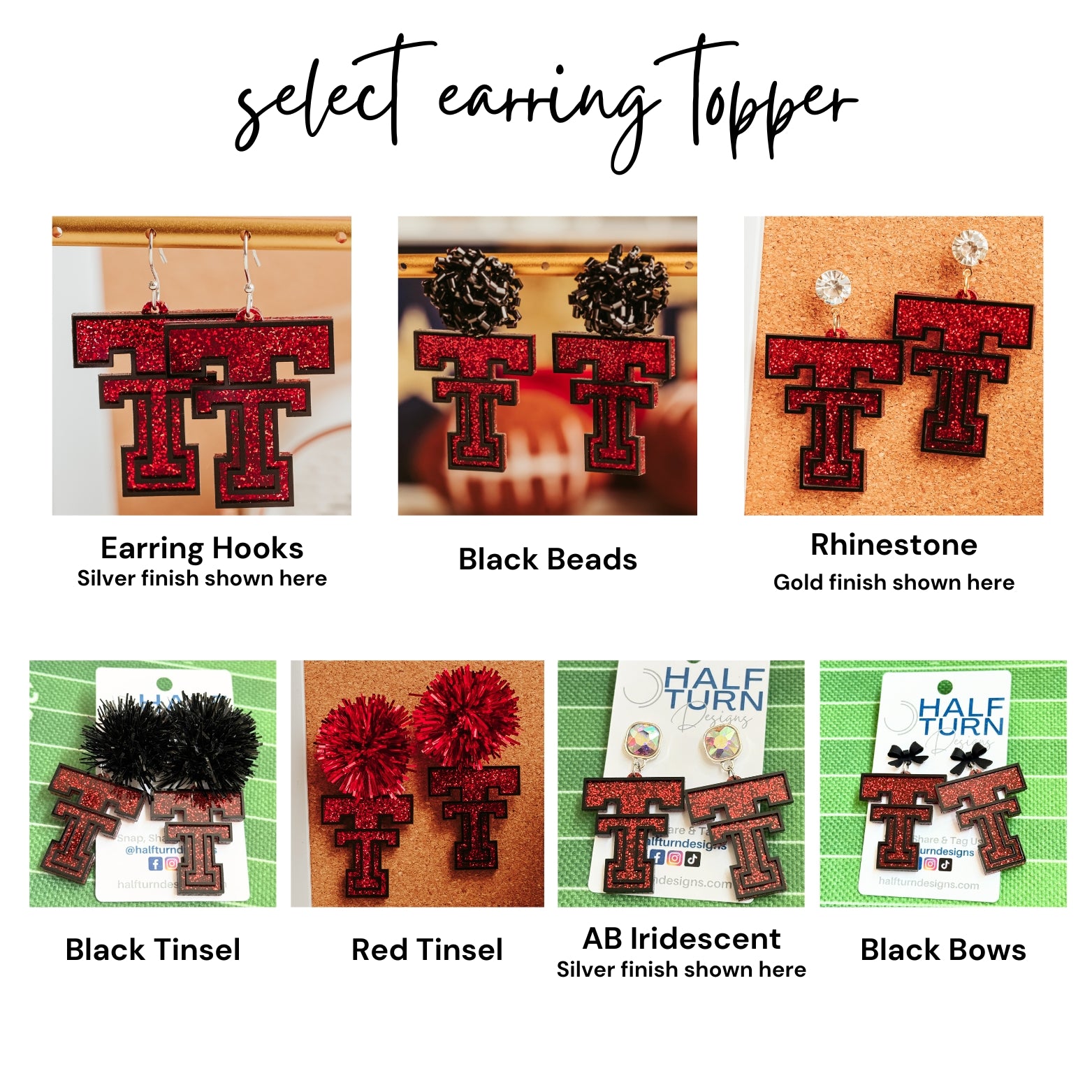 Earring Hook and Topper options for Texas Tech's Double T Game Day earrings in red glitter
