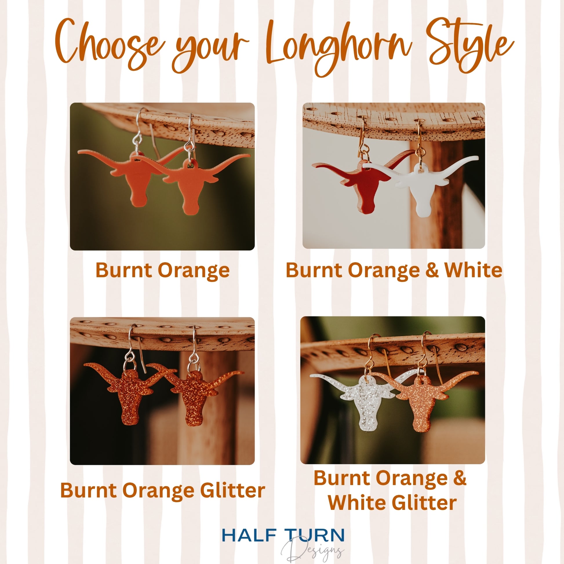 Product Details highlighting the four type of Texas Longhorn earrings.