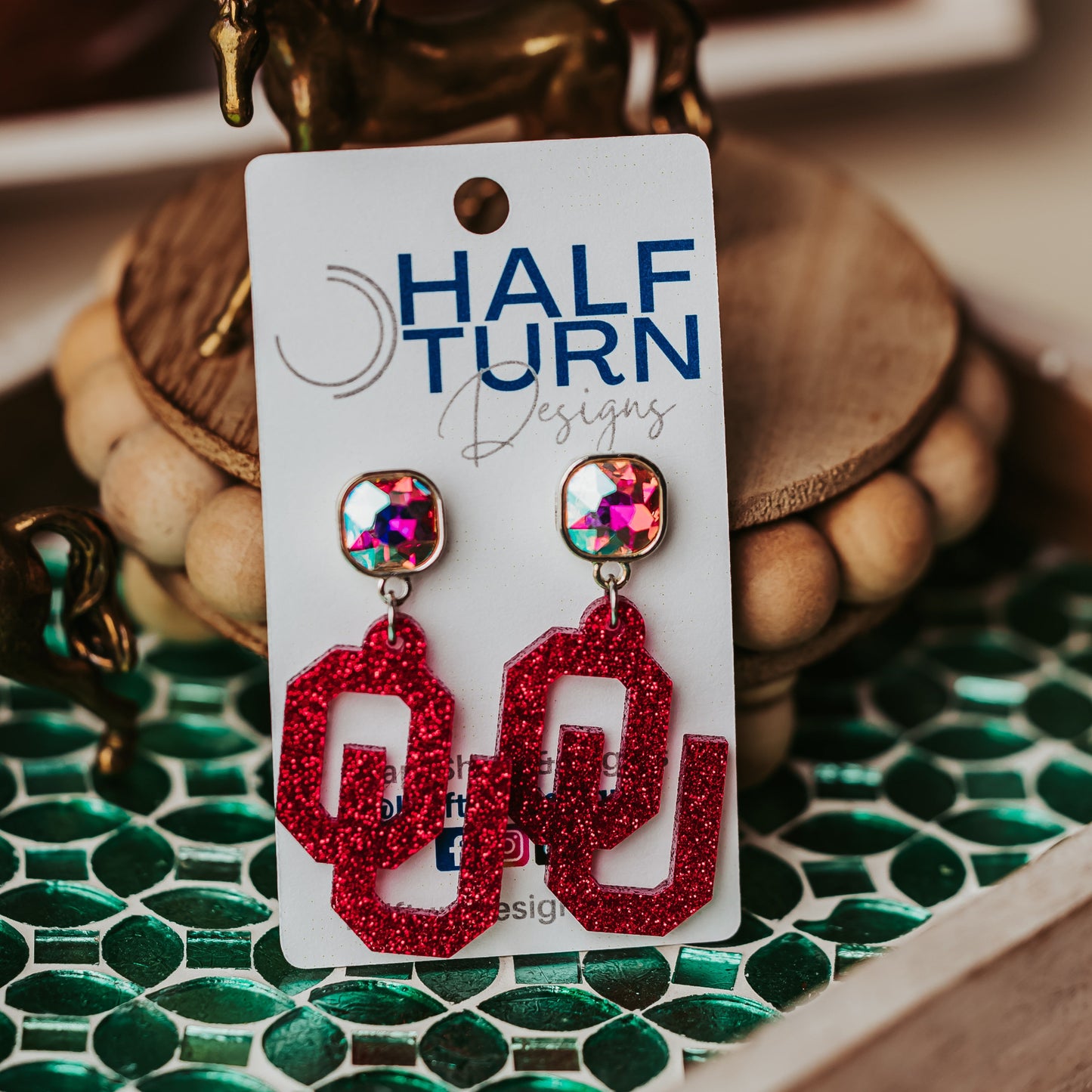 Officially Licensed University of Oklahoma Sooners Earrings in Crimson Glitter Acrylic, OU logo Boomer Sooner Game Day Jewelry for Students & Alumni with AB Iridescent Jewel studs