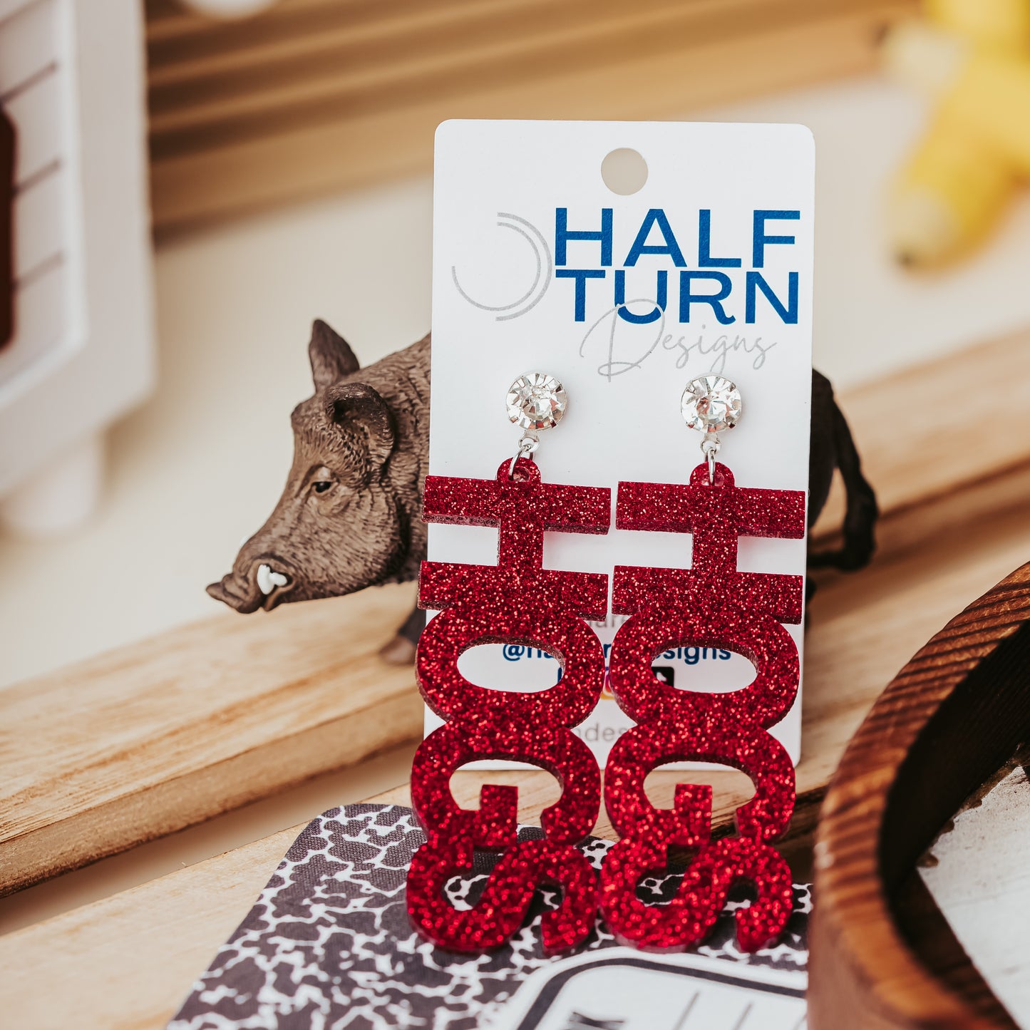 Official University of Arkansas HOGS Earrings – Crimson & White Glitter | Razorbacks Game Day Jewelry
