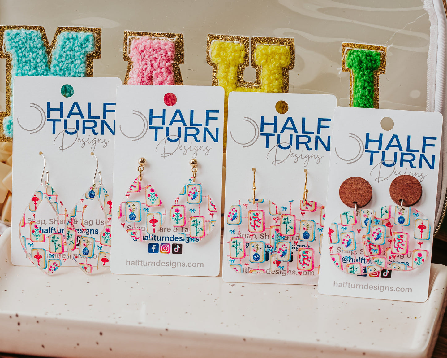 Half Turn Designs collection of colorful acrylic mahjong dangle earrings