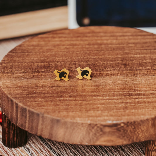 Officially licensed Texas State University Bobcat studs made from hypoallergenic stainless steel in gold or silver finish by Half Turn Designs.