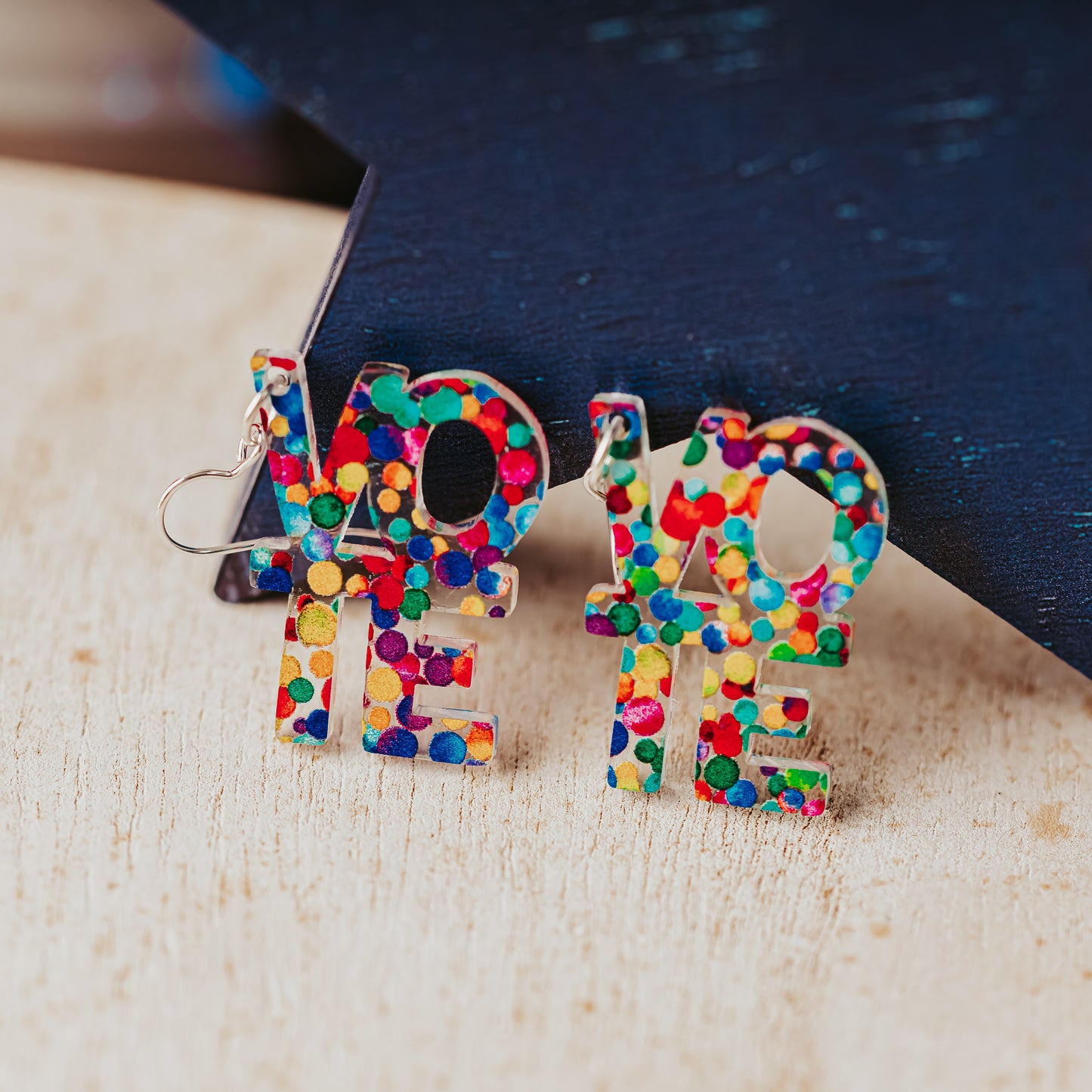 Rainbow Dot VOTE Earrings | Colorful Acrylic Statement Jewelry for Election Day celebrating Pride, Inclusivity and Diversity