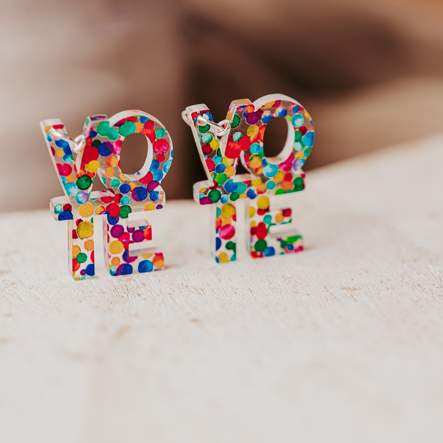 Rainbow Dot VOTE Earrings | Colorful Acrylic Statement Jewelry for Election Day celebrating Pride, Inclusivity and Diversity