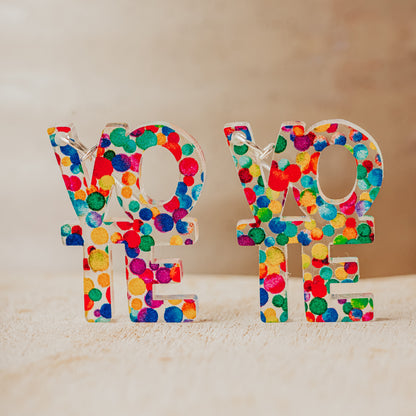 Rainbow Dot VOTE Earrings | Colorful Acrylic Statement Jewelry for Election Day celebrating Pride, Inclusivity and Diversity