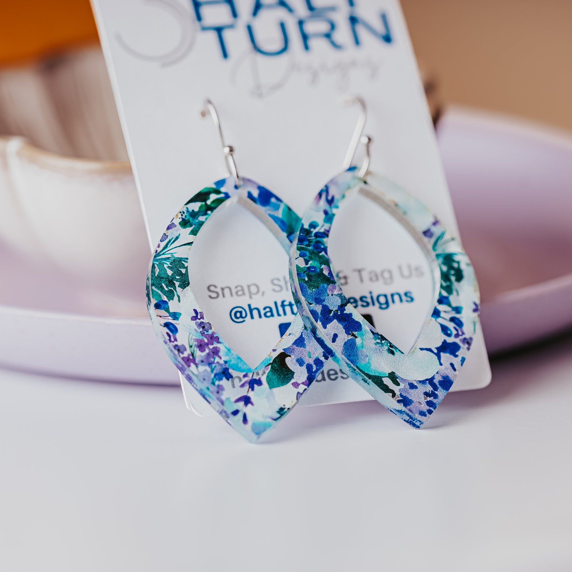 Blue watercolor floral acrylic teardrop earrings