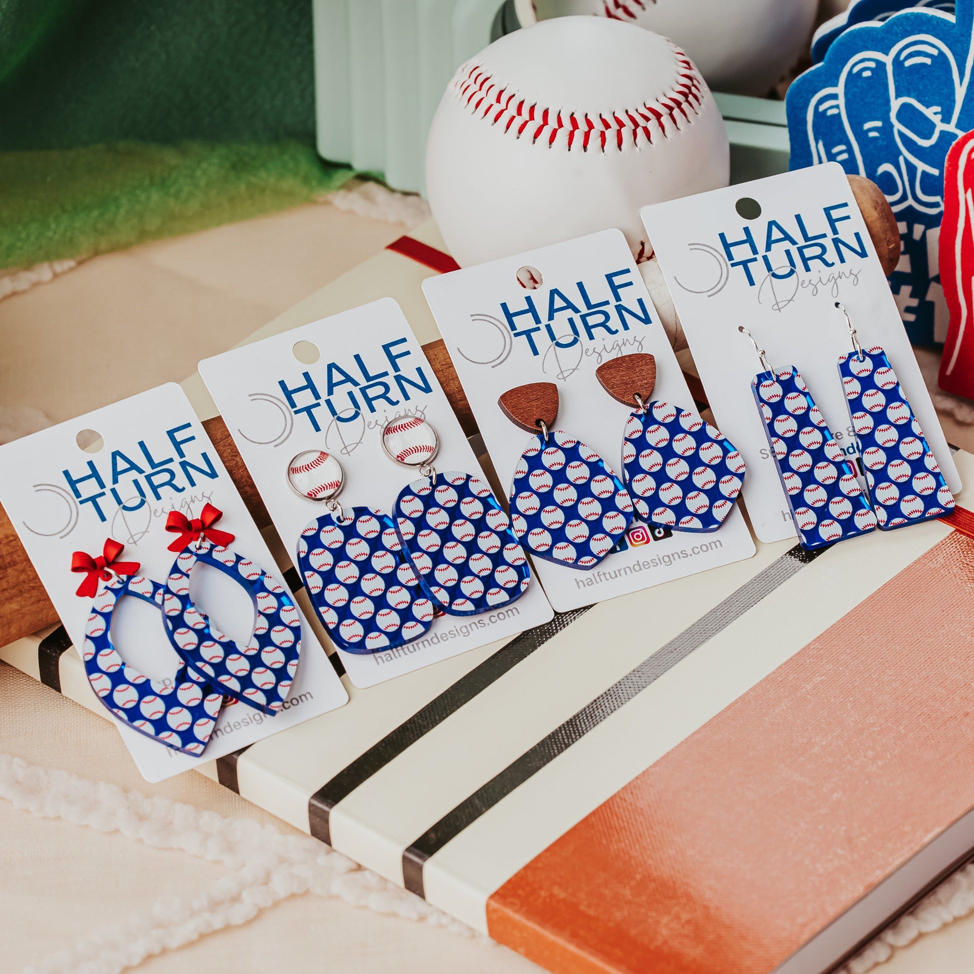 Half Turn Designs Collection of Blue Mirror Acrylic baseball earrings