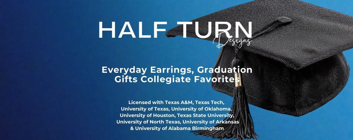 Half Turn Designs proudly sells officially licensed college earrings and gift, Class of 2026 graduation decorations and gifts as well as every day earrings