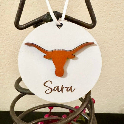 University of Texas Longhorns Personalized Ornament or Car Charm, 3 inch Wood, Officially Licensed UT Gift