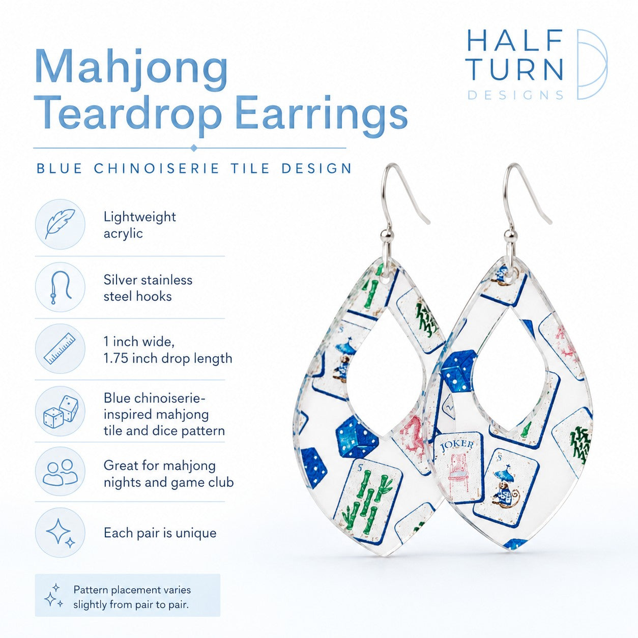 Product details page for Mahjong teardrop earrings with blue chinoiserie tile design on a white background