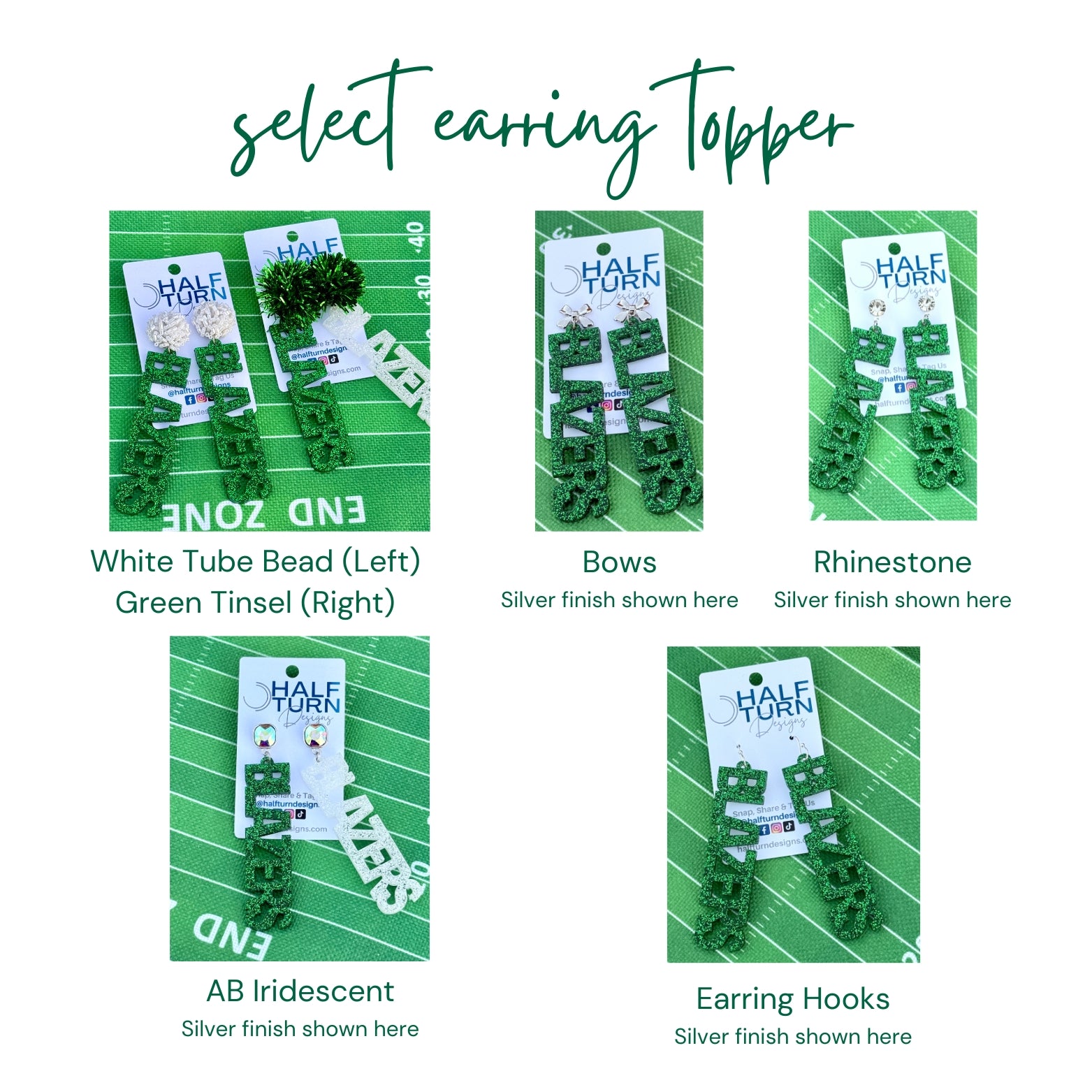 Earring hook and topper options for University of Alabama Birmingham Blazers large acrylic dangle earrings in green and white glitter
